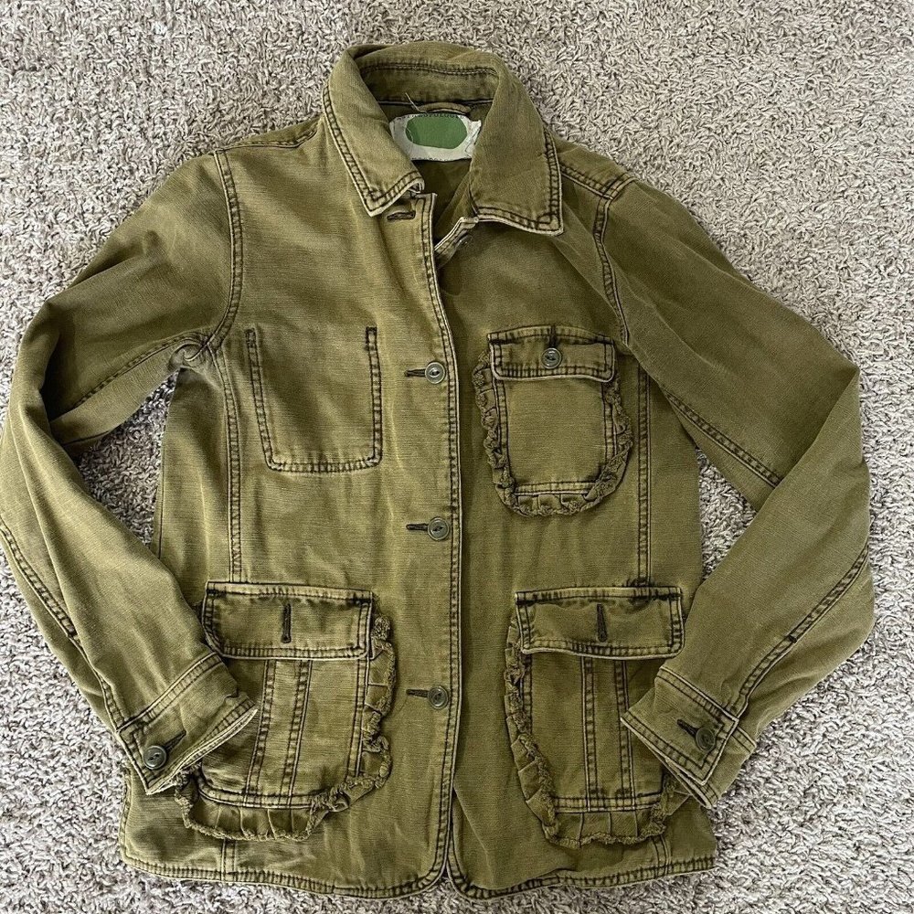 Anthropologie Green Field Utility Jacket Size XXS Ruffle Cotton Button Front